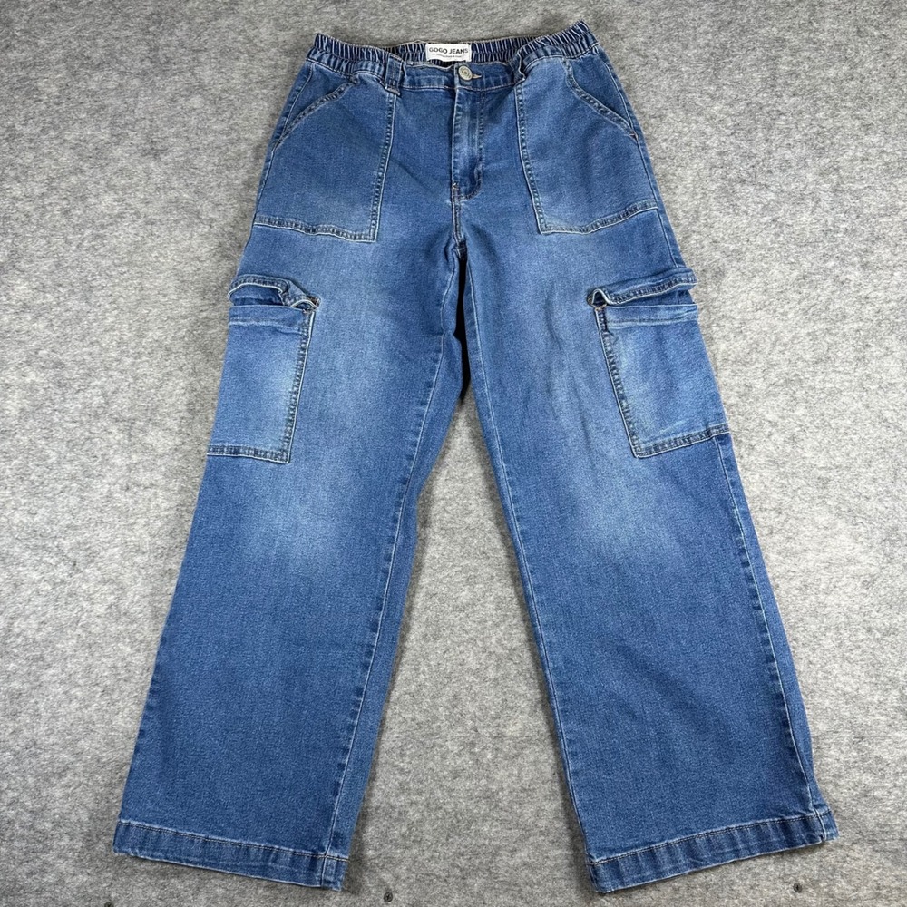 Gogo Jeans Womens Blue Skater Cargo Wide Leg Denim Pants 13/31